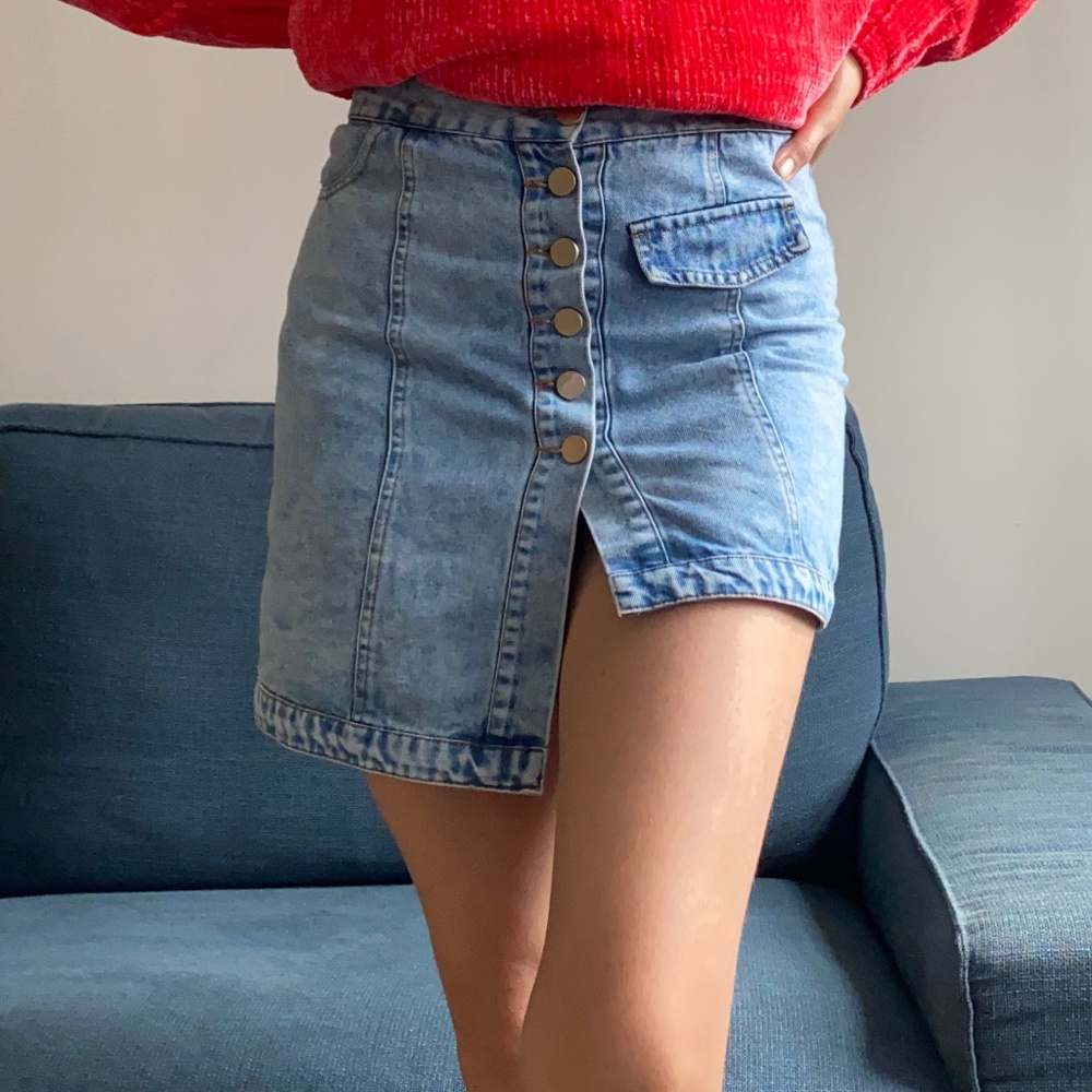 Asymmetrical Denim Button-Front Mini Skirt